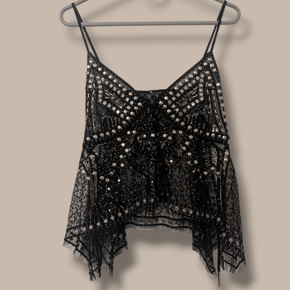 Free People Black Beaded Sheer Tank Top - Picture 2 of 11